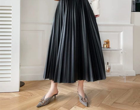 百褶裙气质大摆长裙黑色皮裙高腰裙子女半身裙...