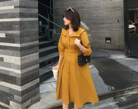 DALU+减龄荷叶娃娃领衬衫裙复古甜美收腰...