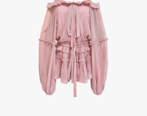 热闹李 荷叶泡泡袖系带收腰露肩大摆雪纺连衣...