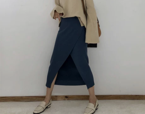 EKOOL开叉针织半身裙包臀一步裙女中长款...