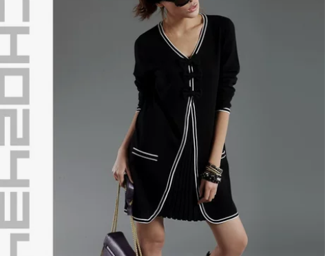 特）黑白经典 蝴蝶结 百褶情结 针织美裙 ...