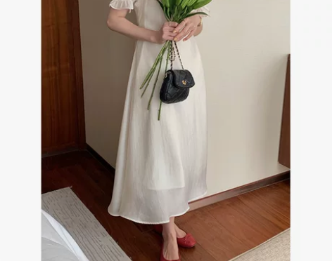 温柔风连衣裙收腰荷叶领泡泡袖长裙法式气质显瘦