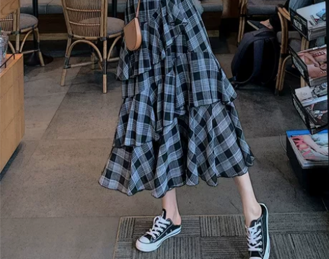 法式不规则格子蛋糕裙女夏小个子高腰中长款a...