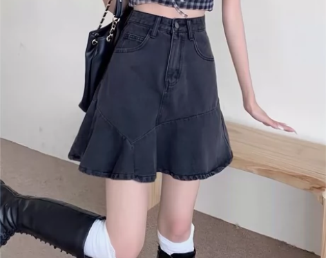 夏季高腰甜辣牛仔半身裙女小个子显瘦黑色a字...