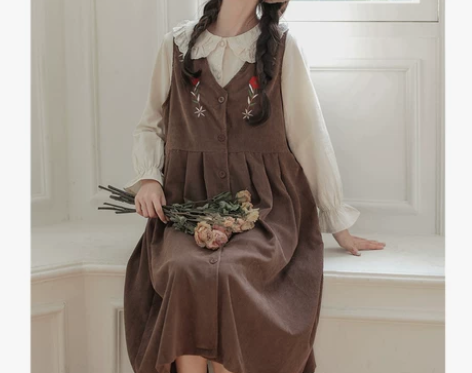 2023春秋新款文艺刺绣花甜美灯芯绒吊背带...