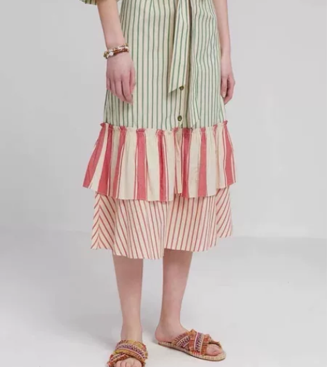菀草壹 剪标无吊牌  文艺条纹拼色半身裙 ...