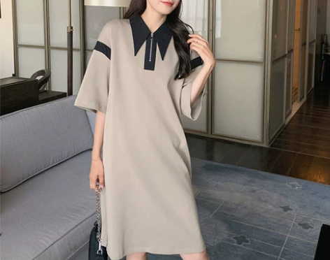 学院风奶茶色POLO裙2023夏韩系休闲时...