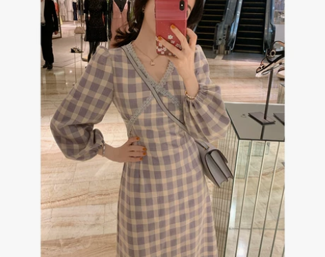 大Eees 灰紫格子蕾丝收腰显瘦泡泡袖复古...