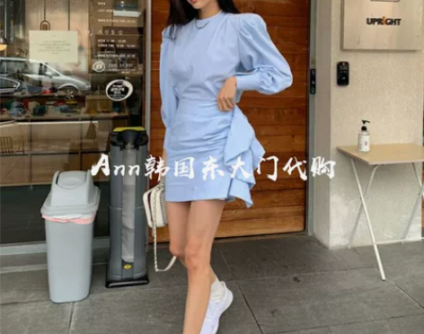 ann韩国东大门代购 21春款纯色圆领泡泡...