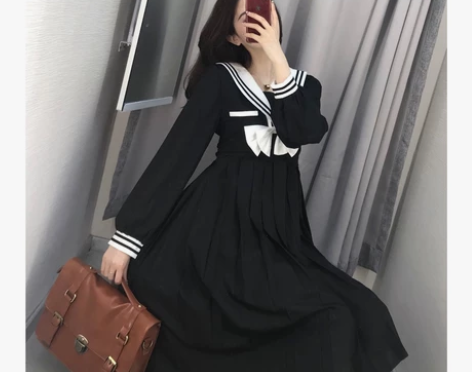 海军风连衣裙复古日系甜美黑色中长款仙女法式...