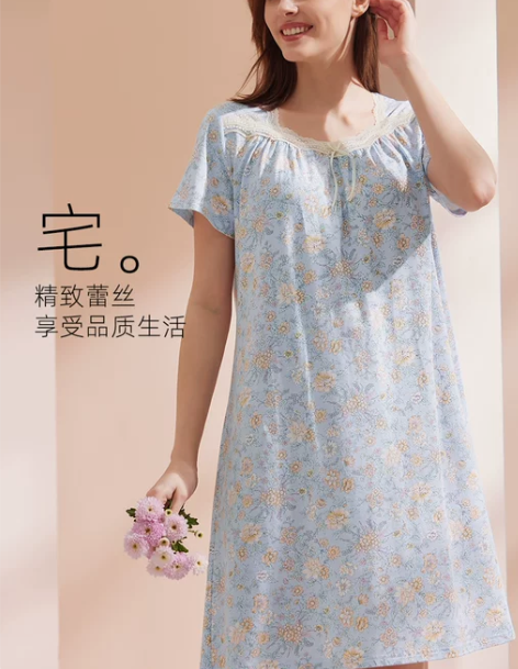 仕乐碎花短袖棉绸睡裙女夏季薄款中年妈妈宽松...