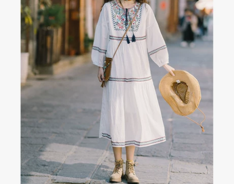 民族风刺绣连衣裙重工绣花防晒长袖云南旅行穿...