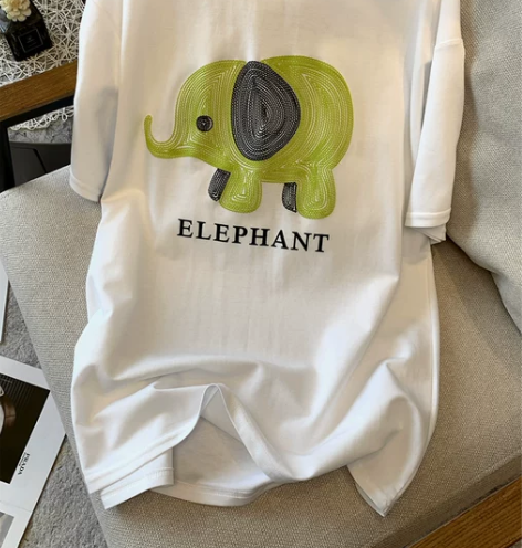 刺绣小象女短袖中长款连衣裙T恤打底衫白色夏...