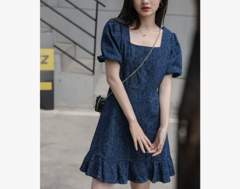 「又巷」2021夏装港风短袖方领鱼尾裙百褶...