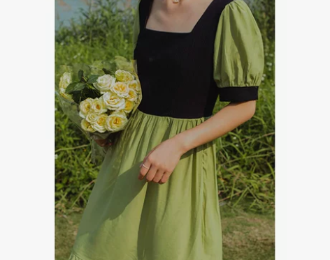 野棠自制+港风复古拼接牛油果绿连衣裙女方领...