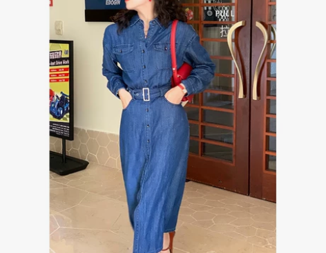 许大晴+80年代港风牛仔连衣裙慵懒风宽松中...