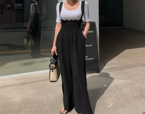 背带连体裤女韩国花苞褶皱松紧收腰显瘦休闲阔...