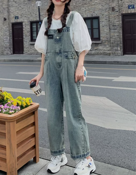 背带牛仔裤 复古牛仔背带裤桔梗初恋套装女夏...