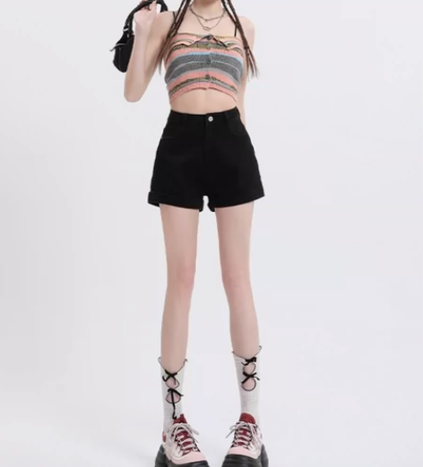 木卡森黑色牛仔短裤女2023年夏季新款高腰...