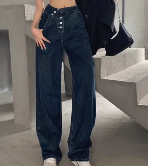 大码不对称高腰水洗直筒牛仔裤女胖mm2022秋季新款多纽扣阔...