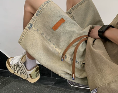 抽绳休闲牛仔短裤男夏季潮牌美式复古贴标高级...