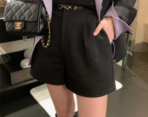 夏诗文定制+黑色高腰垂感阔腿西装短裤女春秋...