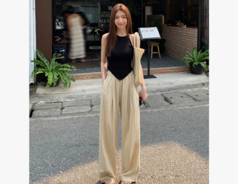 MULVAN+宽松高腰阔腿裤女2023春夏...