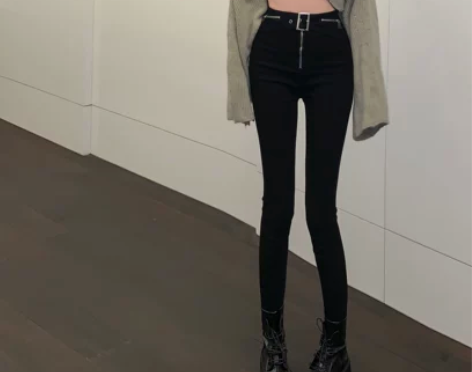 黑色高腰小个子休闲裤女装秋季辣妹打底紧身小...