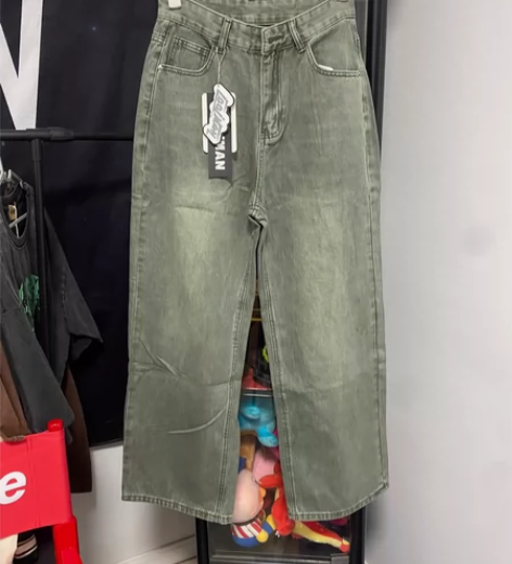 lool 全新直筒阔腿水洗绿牛仔裤 M码腰...