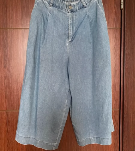 优衣库水洗蓝浅蓝色七分阔腿牛仔裤 155/...