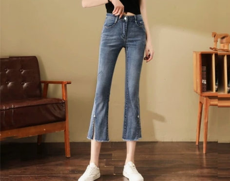 韩国七分牛仔裤女夏薄款小个子高腰修身显瘦直...