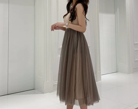 抖音同款仙女波点网纱背心 聚会度假小礼服气...