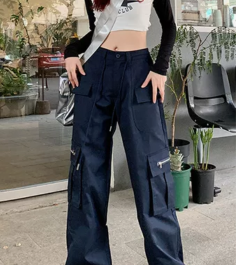 OROI藏青直筒工装裤女2023年春夏新款...