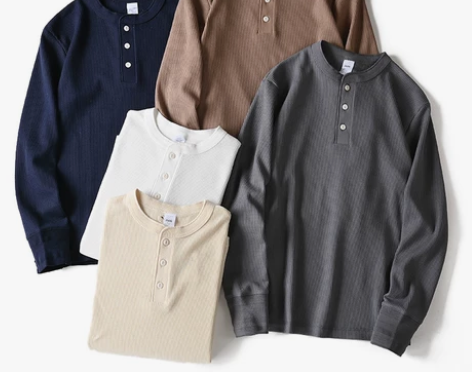 美式复古休闲亨利领长袖t恤华夫格外贸纯色卫...