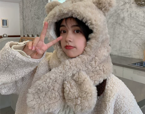 冬季韩版小熊帽子围巾一体女生可爱保暖冬天毛...