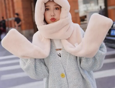 帽子女冬天加厚毛绒连体围巾三件套韩版潮秋冬...