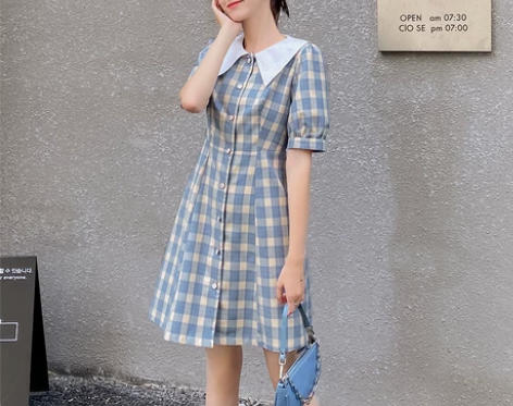 娃娃领连衣裙蓝色格子法式初恋甜美小个子收腰...
