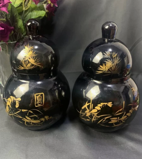 解放前后黑琉璃手绘描金白石虾葫芦型茶叶罐无...