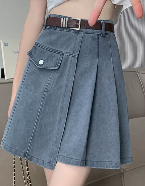 不规则高腰牛仔百褶裙夏季款复古半身裙显瘦百...