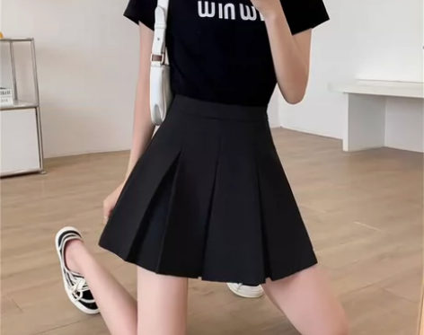 黑色夏季百褶超ins超火chic短款高腰a...