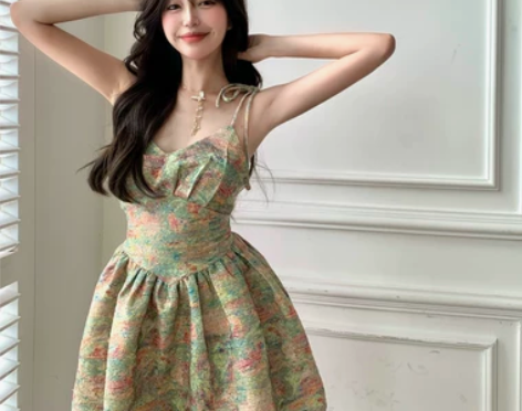 复古温柔风甜美碎花吊带连衣裙女夏季2021...
