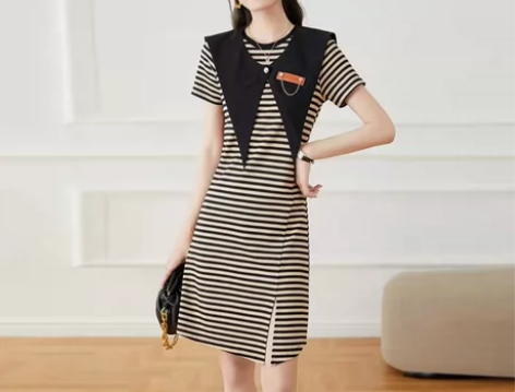 欧货条纹开叉T恤裙2023夏新款学院风撞色...