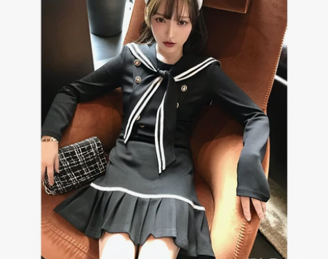 心蓝Grace 双层复合面料俏皮海军风双排...