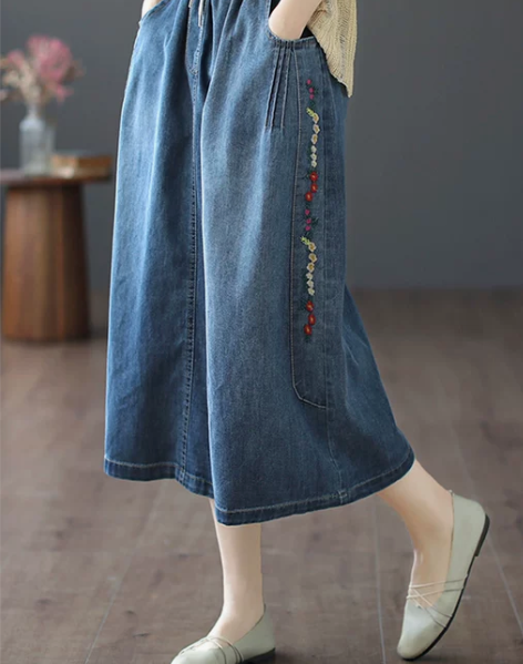 KYMTAL牛仔裙复古文艺牛仔半身裙刺绣a...