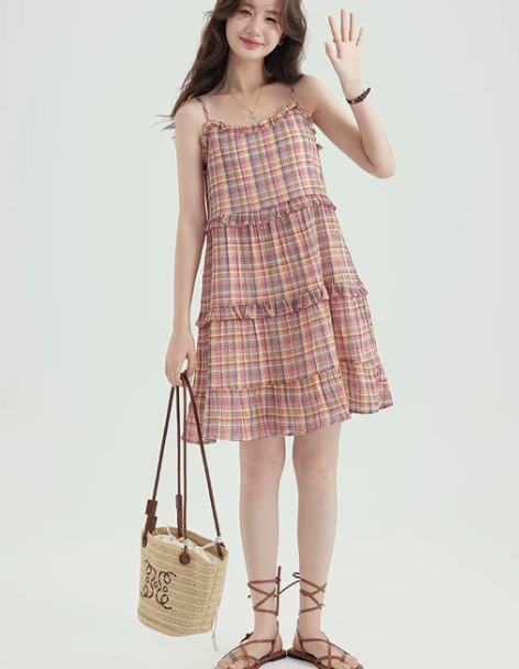 爱蔷薇洋气红色格子吊带连衣裙女娃娃裙A字减...