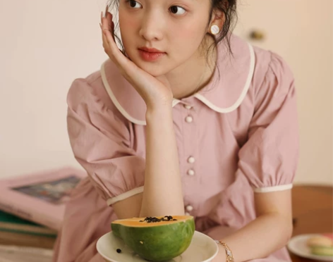 连衣裙若溯法式干枯玫瑰粉色娃娃领纯棉女20...