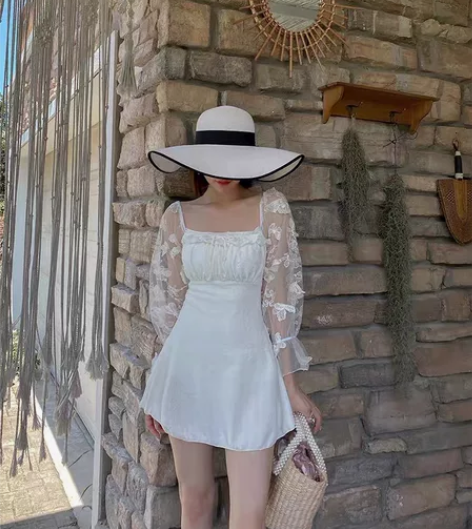 泳衣女仙女范性感长袖裙式连体遮肚显瘦韩国i...