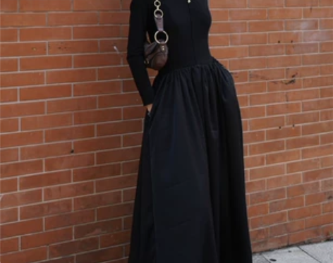 林有树 高个子加长修身高腰连衣裙女黑色极简...