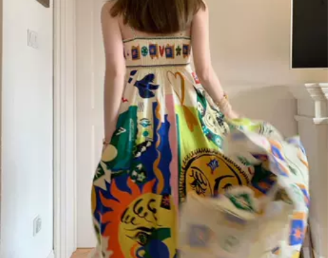 民族风涂鸦印花吊带连衣裙女夏季海边度假沙滩...