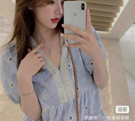 美美的夏夏 镂空刺绣泡泡袖连衣裙女初恋民族...